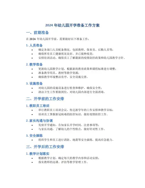 2024年幼儿园开学准备工作方案