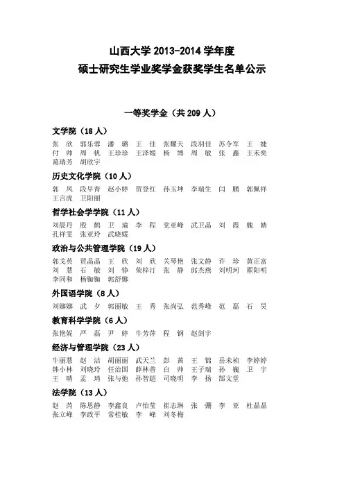 山西大学2013-2014学年度硕士研究生学业奖学金获奖学生名单公示