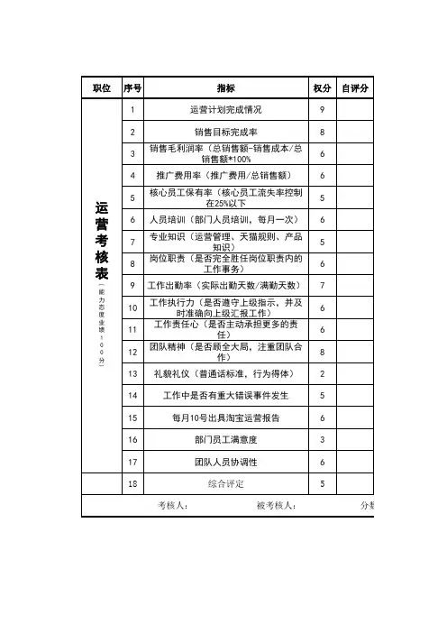淘宝运营考核表