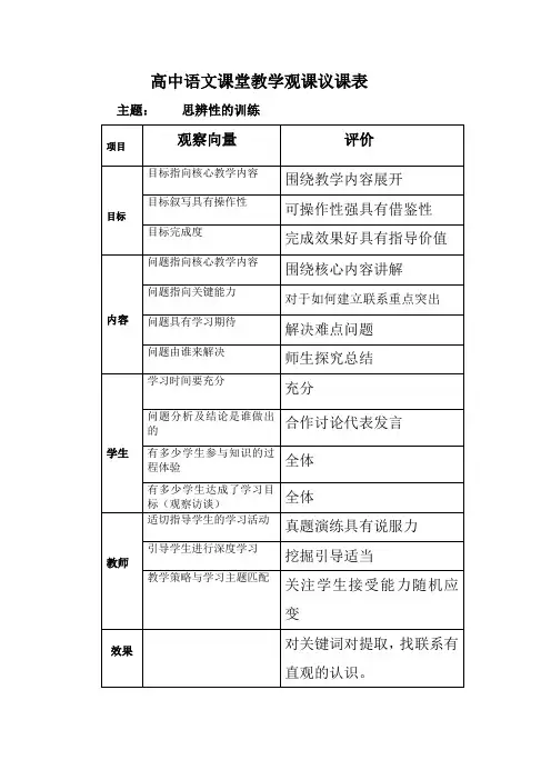 高中语文课堂教学观察与量化表