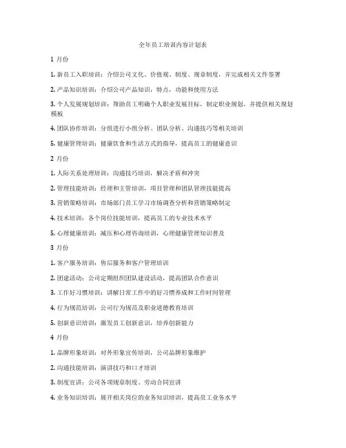 全年员工培训内容计划表