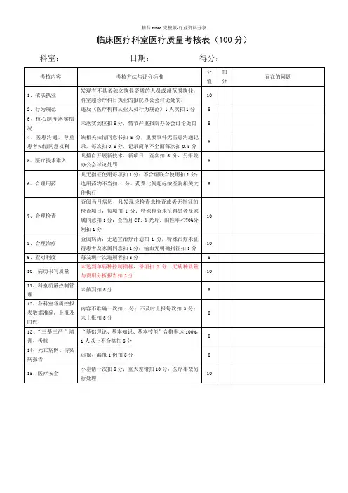 临床医疗科室医疗质量考核表