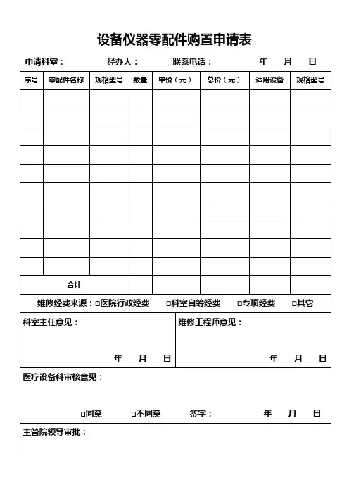 设备仪器零配件购置申请表
