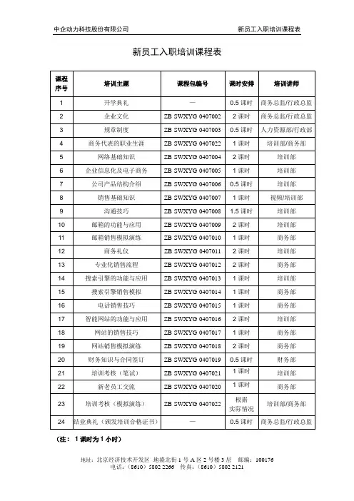 新员工入职培训课程安排