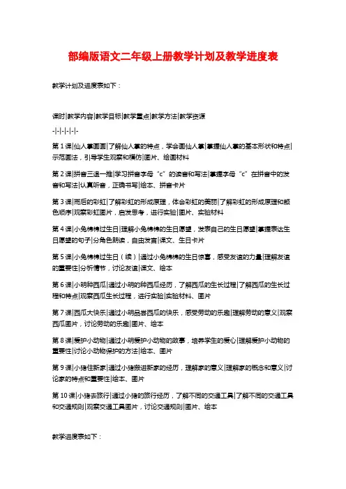部编版语文二年级上册教学计划及教学进度表