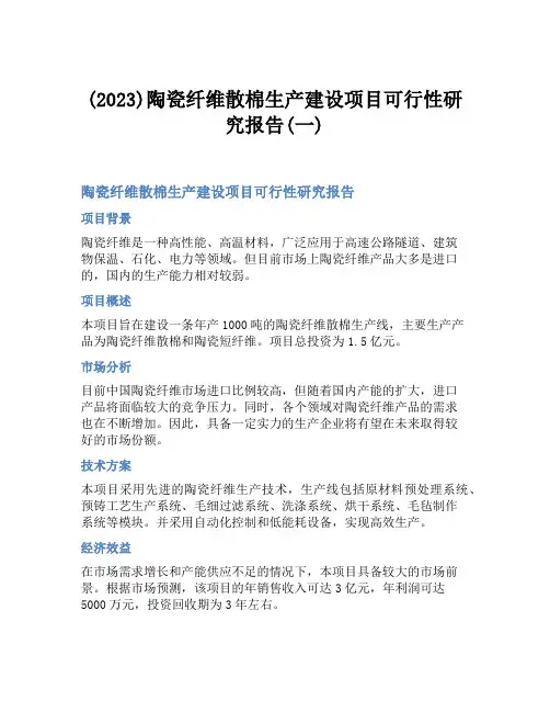 (2023)陶瓷纤维散棉生产建设项目可行性研究报告(一)