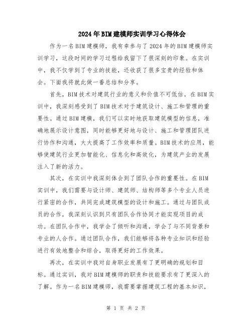 2024年BIM建模师实训学习心得体会