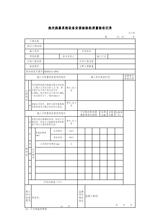 热交换器系统设备安装检验批质量验收记录