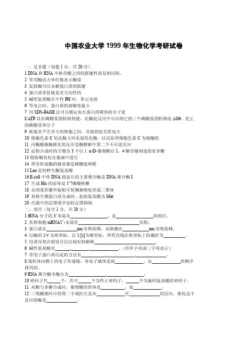 中国农业大学_806生物化学_1999真题(生物化学)