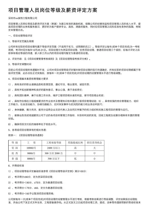 项目管理人员岗位等级及薪资评定方案