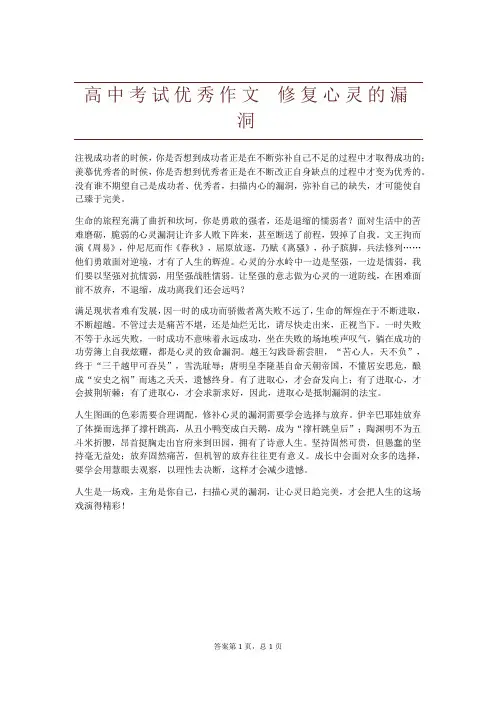 高中考试优秀作文 修复心灵的漏洞