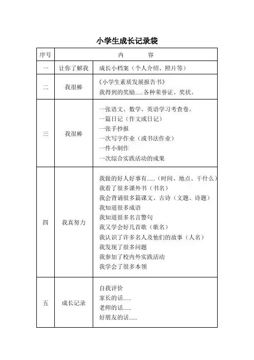 小学生成长记录袋表