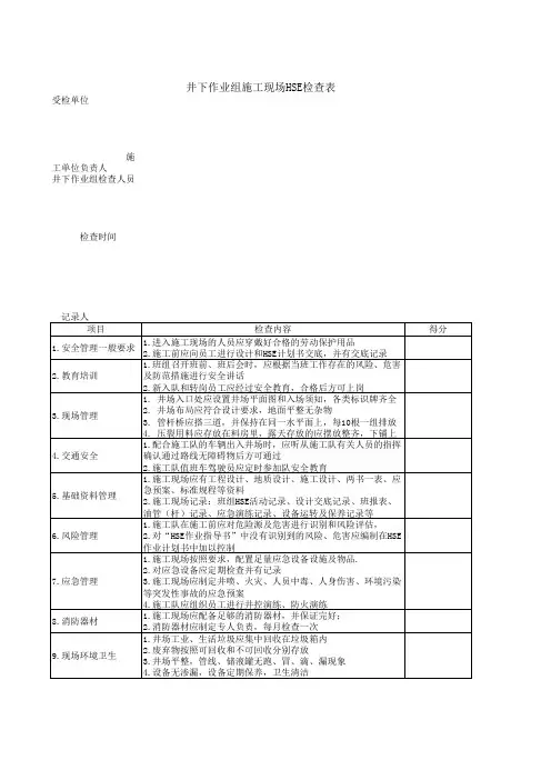 井下作业HSE检查表
