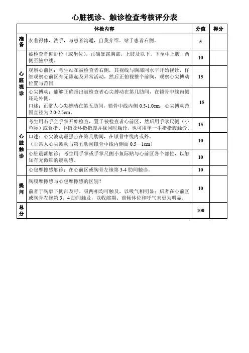 心脏视诊、触诊检查考核评分表