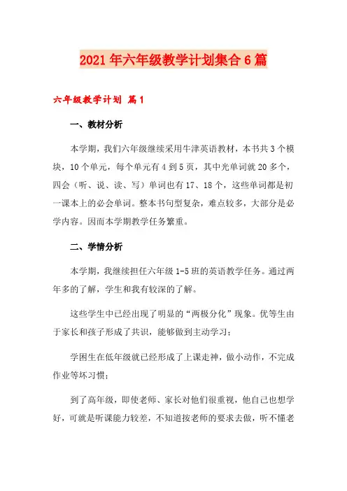2021年六年级教学计划集合6篇