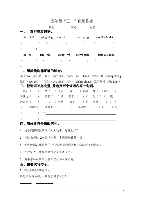 五年级五一假期作业