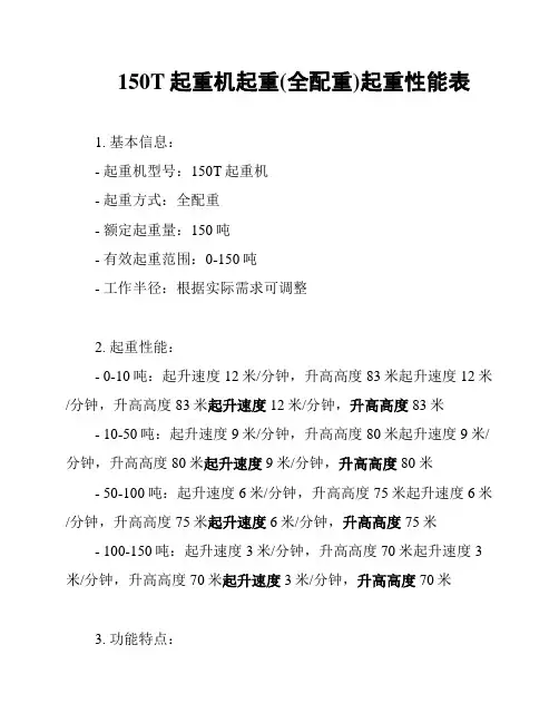 150T起重机起重(全配重)起重性能表