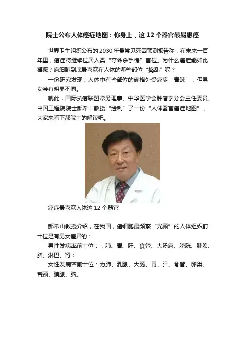 院士公布人体癌症地图：你身上，这12个器官最易患癌