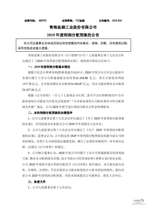 盐湖：2019年度利润分配预案的公告