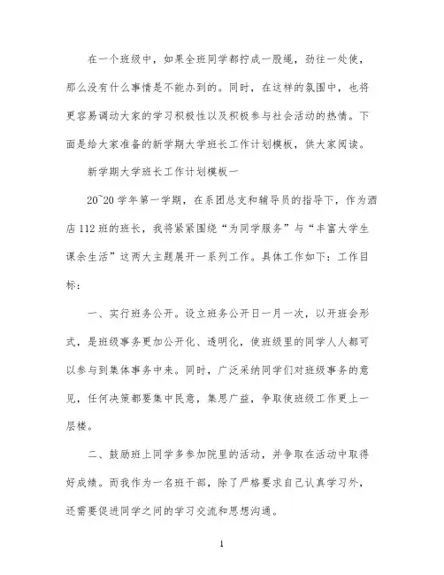 新学期大学班长工作计划模板五篇
