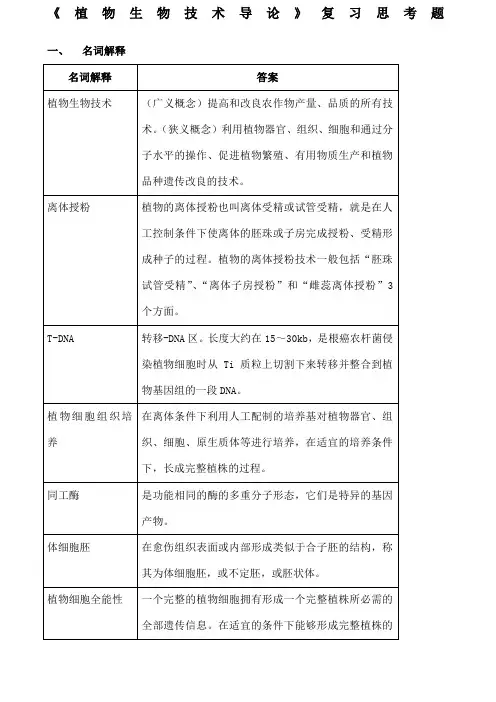 植物生物技术导论复习思考题