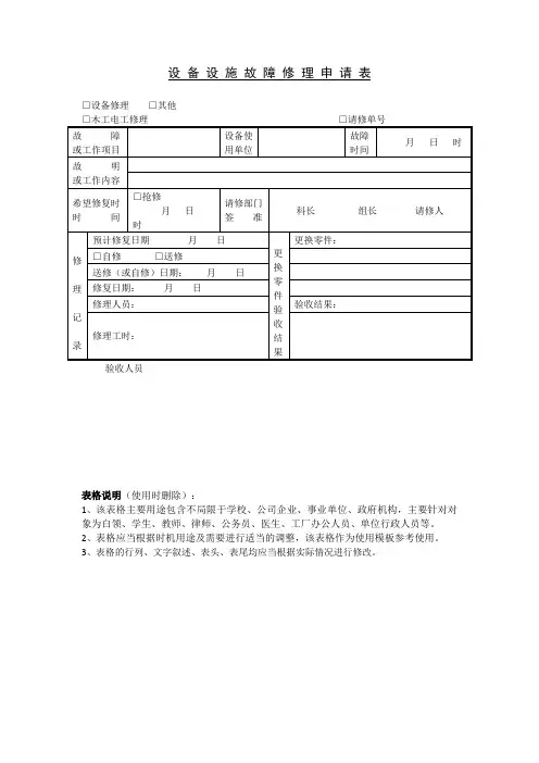 设备设施故障修理申请表