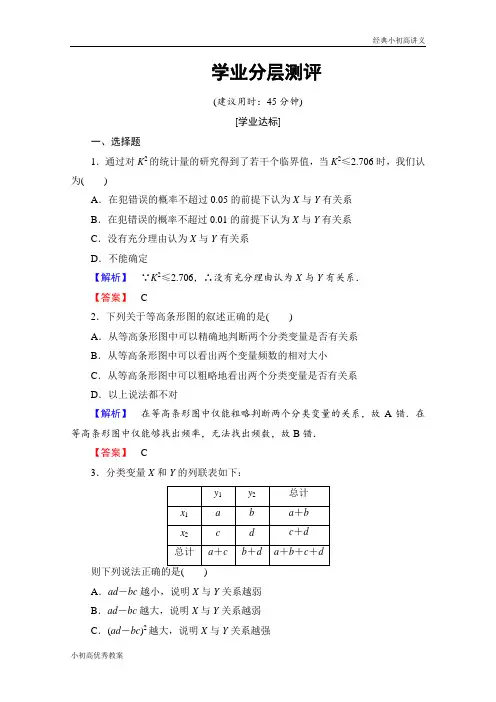 高中数学人教A版选修2-3 第三章 统计案例 3.2学业分层测评 Word版含答案.doc
