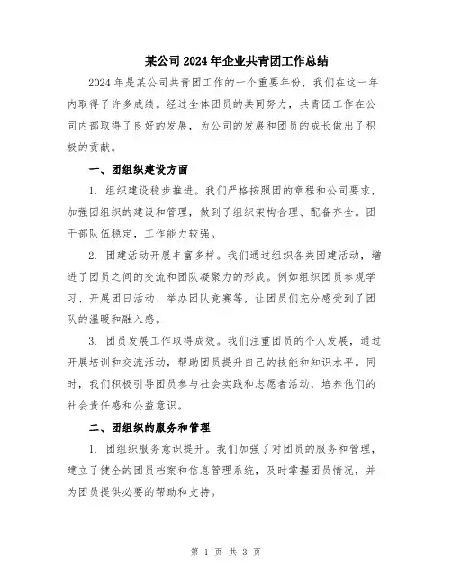 某公司2024年企业共青团工作总结