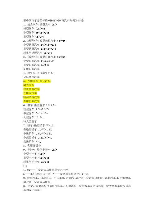 中国汽车分类标准 GB
