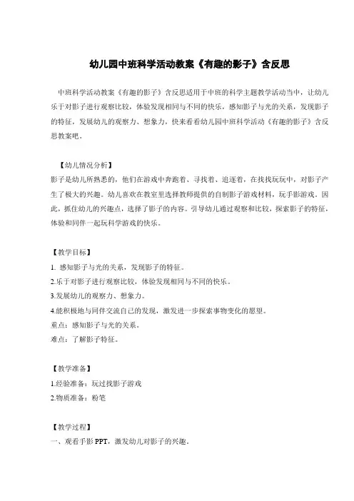 幼儿园中班科学活动教案《有趣的影子》含反思 