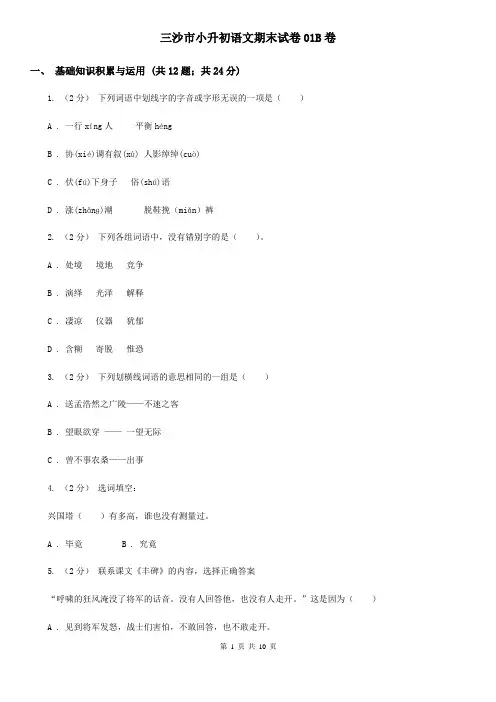 三沙市小升初语文期末试卷01B卷