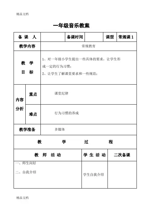 (整理)苏教版小学音乐一年级上册教案全册