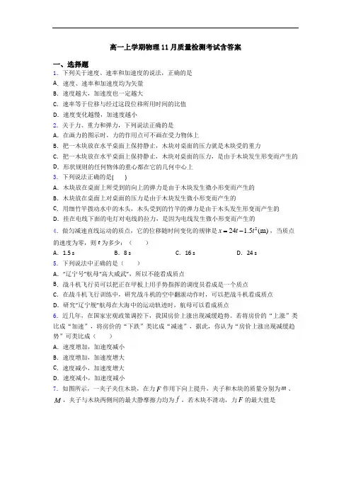 高一上学期物理11月质量检测考试含答案