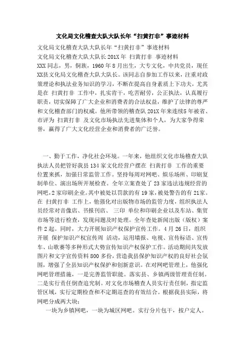 文化局文化稽查大队大队长年“扫黄打非”事迹材料(范本)