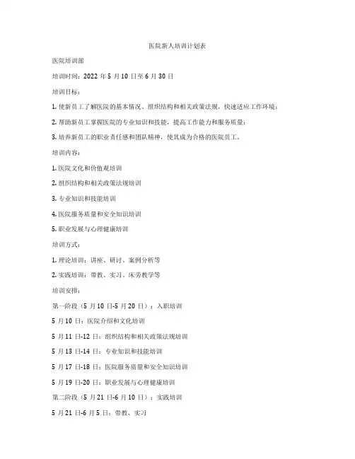 医院新人培训计划表