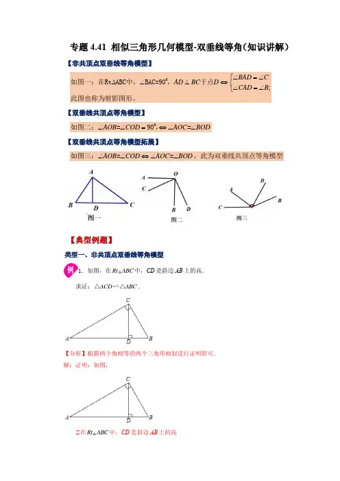 相似三角形几何模型-双垂线等角(知识讲解)九年级数学上册基础知识讲与练(北师大版)