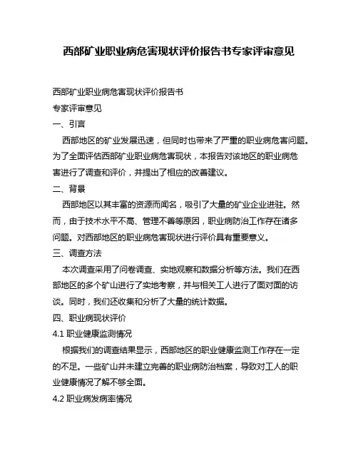 西部矿业职业病危害现状评价报告书专家评审意见