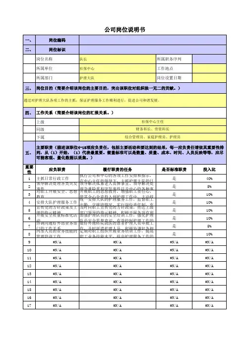 央企社保中心岗位职责梳理表护理大队队长岗位职责梳理表
