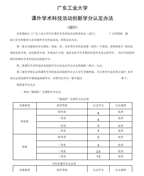 广东工业大学本科生课外学术科技活动学分认定办法