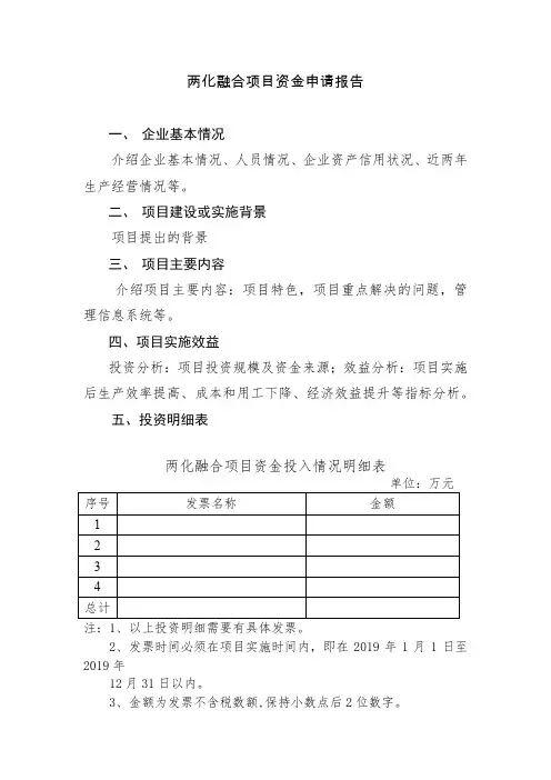 两化融合项目资金申请报告
