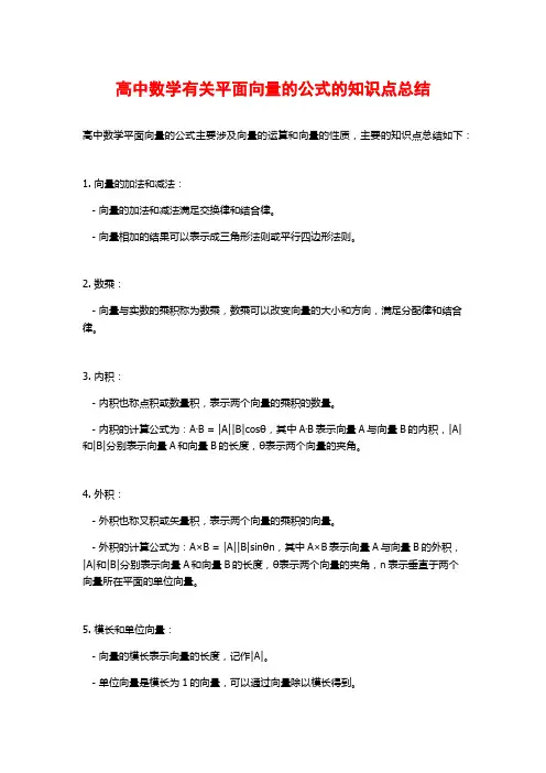 高中数学有关平面向量的公式的知识点总结
