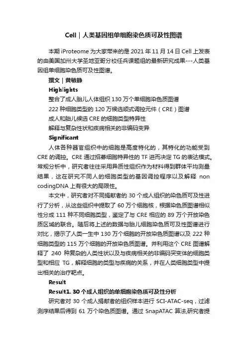 Cell｜人类基因组单细胞染色质可及性图谱