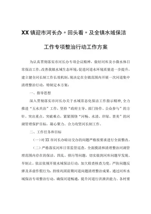 河长办回头看及全镇水域保洁工作专项整治行动工作方案