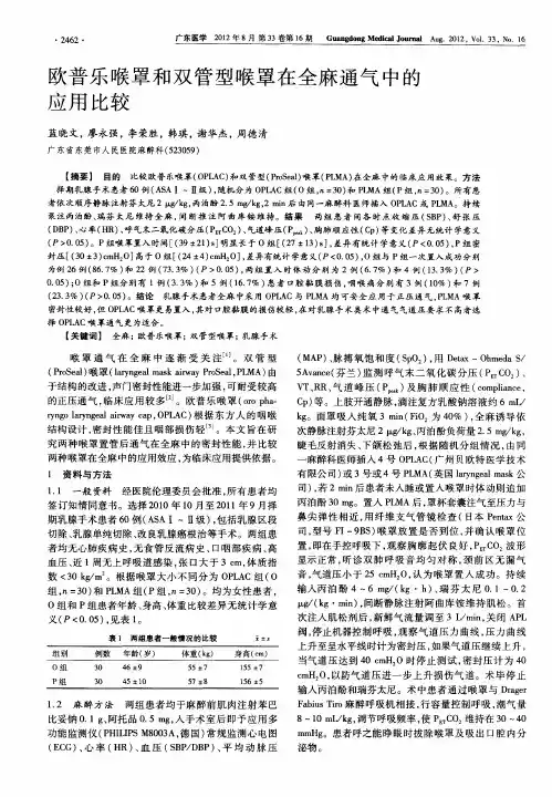 欧普乐喉罩和双管型喉罩在全麻通气中的应用比较