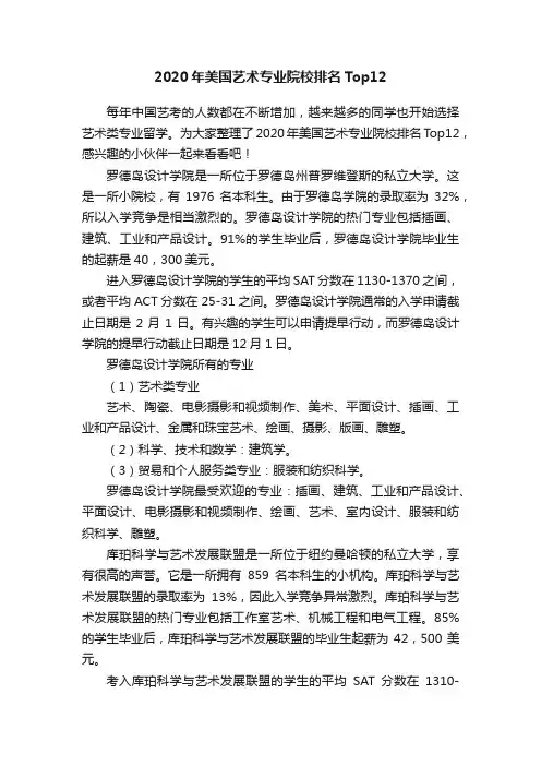 2020年美国艺术专业院校排名Top12