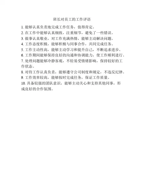班长对员工的工作评语
