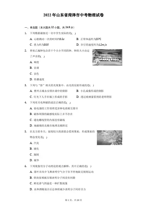 2022年山东省菏泽市中考物理试题及答案解析