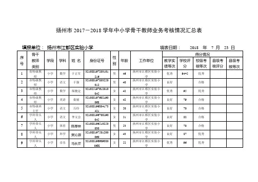 扬州市20172018中小学骨干教师业务考核情况汇总表