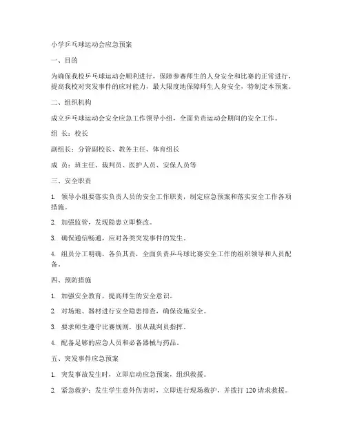 小学乒乓球运动会应急预案