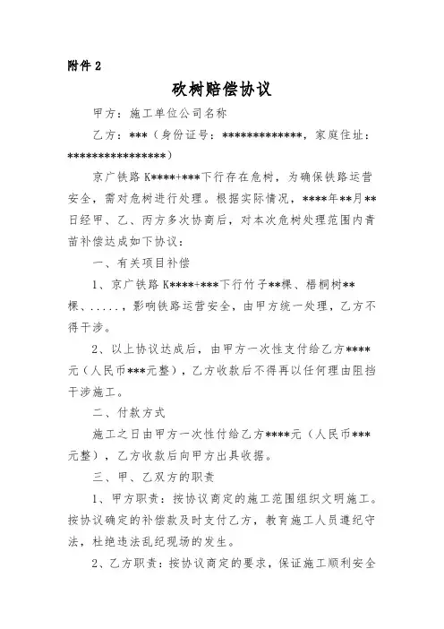 工程施工砍树赔偿协议及收据(模板)